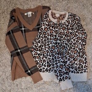 Max Studio Brown Plaid and Leopard Print V-Neck Sweater Set